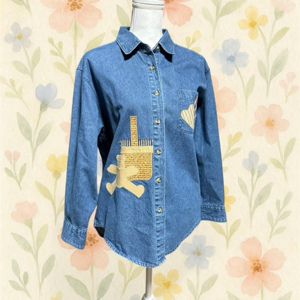 Vintage Teddy Bear Applique Denim Button Up Shirt Cottagecore Picnic Top